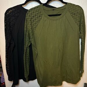 Lace Sleeve Long Sleeve Tops – Black & Olive Green – Soft Knit Blouses